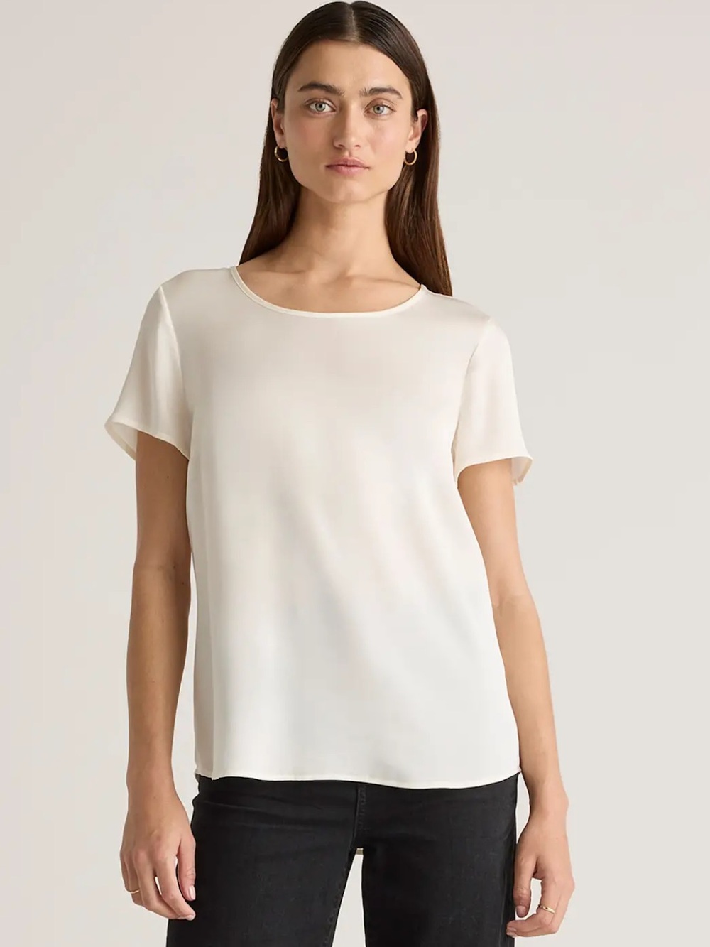NWT Quince Washable Stretch Silk Tee in Ivory size L